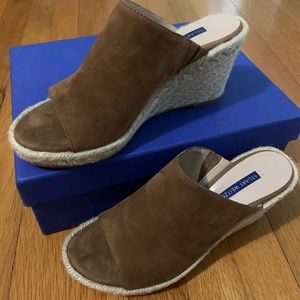 Stuart Weitzman Marabella Basket Brown Suede Espadrille Wedge Mules Sandals 7.5
